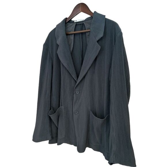 Zara Black Ribbed Oversized Button Front Blazer, Size Medium - Picture 6 of 11